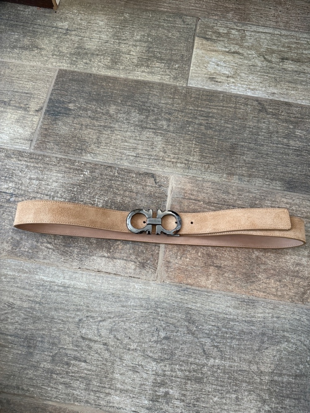 Ferragamo Suede Tan Men's Belt with Silver Interlocking Buckle